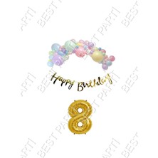 Best Parti Happy Bırthday Yazılı Kaligrafi Banner Makaron Balon Seti 8 Yaş Gold Set Doğum Günü