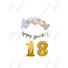 Best Parti Happy Bırthday Yazılı Kaligrafi Banner Makaron Balon Seti 18 Yaş Gold Set Doğum Günü