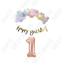 Best Parti Happy Bırthday Gold Yazılı Kaligrafi Banner Makaron Balon Seti 1 Yaş Rose Gold Set Doğum Günü