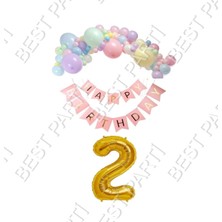 Best Parti Happy Bırthday Yazılı Banner Makaron Balon Seti 2 Yaş Gold Set Doğum Günü