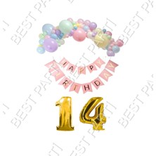 Best Parti Happy Bırthday Yazılı Banner Makaron Balon Seti 14 Yaş Gold Set Doğum Günü