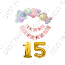Best Parti Happy Bırthday Yazılı Banner Makaron Balon Seti 15 Yaş Gold Set Doğum Günü