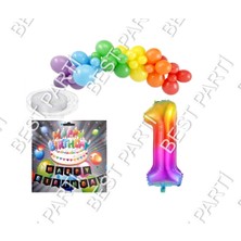 Best Parti Iyiki Doğdun Yazılı Banner 1 Yaş Gökkuşağı Temalı Balon Seti