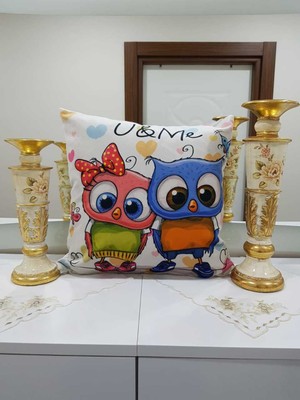 Körfez Kırlent Mavi ve Pembe Baykuş Desenli Dekoratif Kırlent Kılıfı