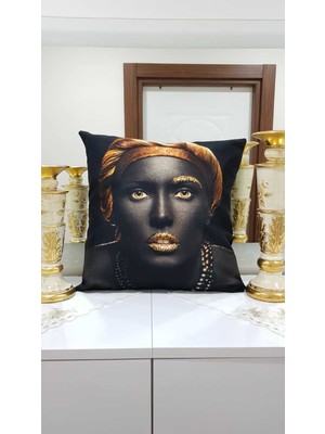 Körfez Kırlent Siyah & Gold Gold Kolyeli Siyah Zenci Desenli Dekoratif Kırlent Kılıfı