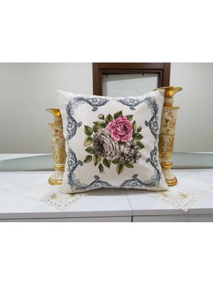 Körfez Kırlent Pembe & Gri Desenli Çiçekli - Asos Çiçek Dekoratif Kırlent Kılıfı