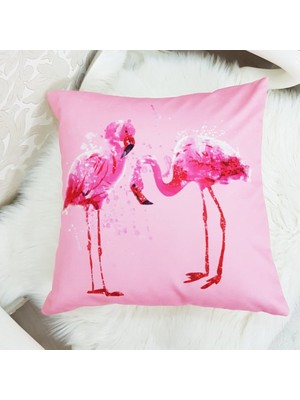 Körfez Kırlent Pembe Zemin Ikili Flamingo Desenli Dekoratif Kırlent Kılıfı
