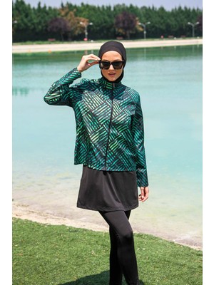 Marina Siyah Kadın Çizgi Desenli Tasarım Tesettür Mayo M2273