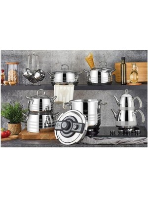 Acar Akasya 18 Parça Platin Gümü Çelik Tencere Seti