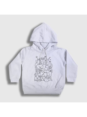 Presmono Unisex Çocuk Beyaz Cats Everywhere Kedili Kapüşonlu Sweatshirt