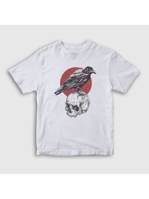 Presmono Unisex Çocuk Beyaz Skull Crow Karga T-Shirt
