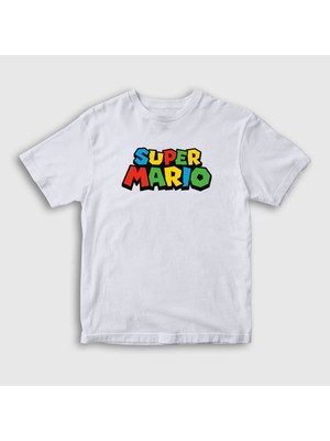 Presmono Unisex Çocuk Beyaz Logo Oyun Super Mario T-Shirt