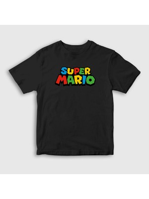 Presmono Unisex Çocuk Siyah Logo Oyun Super Mario T-Shirt