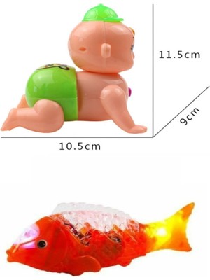 HYD Bebeklerin Emekleme Arkadaşı Sesli Işıklı Yürüyen Balık ve Emekleyen Bebek Oyuncak 2'li Set