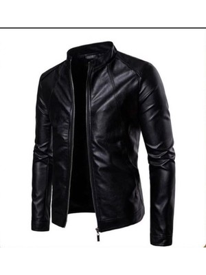 Derimont Siyah Fermuarlı Erkek Deri Ceket Düz Desenli Kuzu Derisi