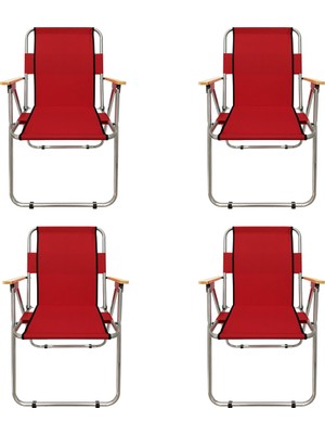 Tedarik Center 4 Adet Kamp Sandalyesi Ahşap Kollu Katlanır Kamp Sandalyesi - Kırmızı
