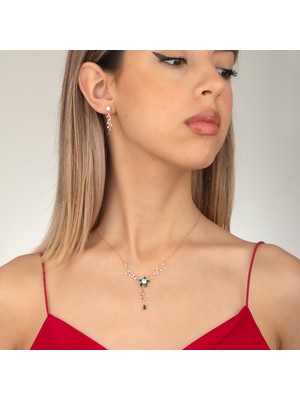 Miavi Silver 925 Ayar Gümüş Zümrüt Renkli Nergis Çiçeği Sarmaşık Kolye Küpe Takı Seti