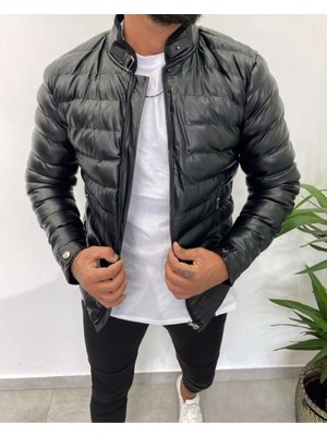 NorthFashion Erkek Siyah Slim Fit Içi Kürklü Su Geçirmez Iç Cepli Şişme Deri Ceket & Mont