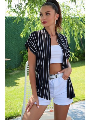 AQE FASHION Cizgi Detaylı Kısa Kollu  Siyah