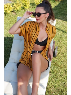AQE FASHION Cizgi Detaylı Kısa Kollu  Hardal