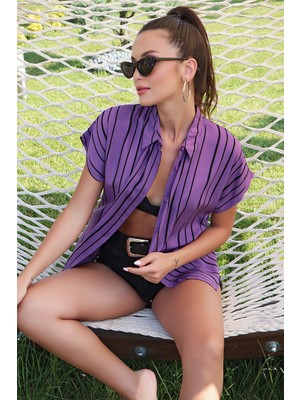AQE FASHION Cizgi Detaylı Kısa Kollu  Lila