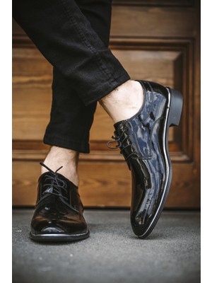 Oksit Batista Sivri Burun Siyah Rugan Erkek Klasik Ayakkabı
