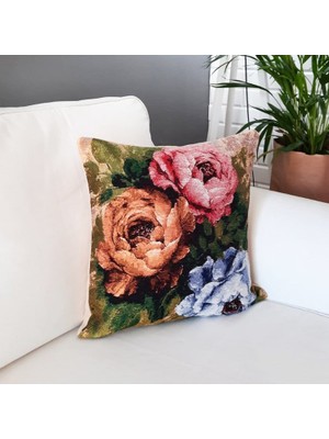 Körfez Kırlent Goblen Dokuma Kırlent Kılıfı Renkli Güller 43 x 43 Cm