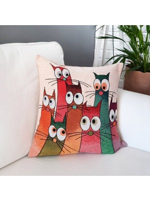 Körfez Kırlent Goblen Dokuma Kırlent Kılıfı Kedi Dostlar 43 x 43 Cm