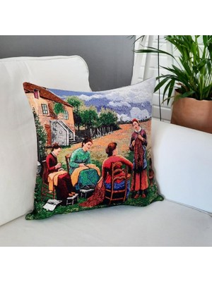 Körfez Kırlent Goblen Dokuma Kırlent Kılıfı Bahçede Kadınlar 43 x 43 Cm