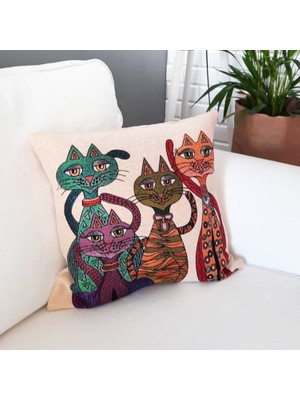 Körfez Kırlent Goblen Dokuma Kırlent Kılıfı 4 Kedi 43 x 43 Cm