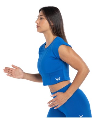 Wiawi Kadın Spor Fit Rahat Tişört Esnek Crop Top - Eternity Mavi