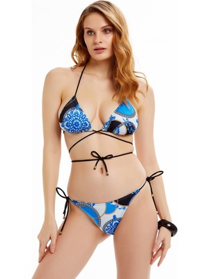 Argento Mavi Şal Desenli Bağlamalı Üçgen Bikini Takımı