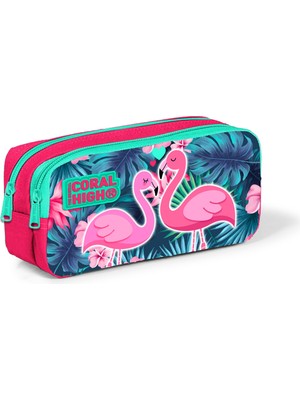 Coral High Kids İki Bölmeli Kalem Kutusu Neon Mercan Flamingo Desenli 22295