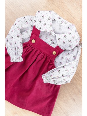 Babymod Çiçekli Gömlekli Kadife Kız Bebek Salopet Elbise