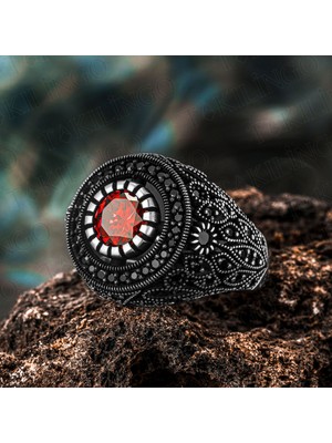 Takılingo 925 Ayar Gümüş Kırmızı Siyah Zirkon Taşlı Usta Işi Erkek Yüzük