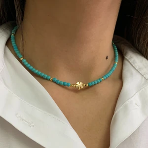 Suerte Accessories Turkuaz Doğal Taşlı Altın Kaplama Yonca Uçlu El Yapımı Kolye