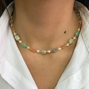 Suerte Accessories Tımbıl Yeşim Akik Akuamarin Dumanlı Kuvars Doğal Taşlı Mallorca Incili Gold El Yapımı Kolye