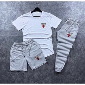 Amor Man Yeni Stil Bulls Baskılı %100 Pamuk Kısa Kollu Yazlık 3 Lü Erkek Eşofman Takımı