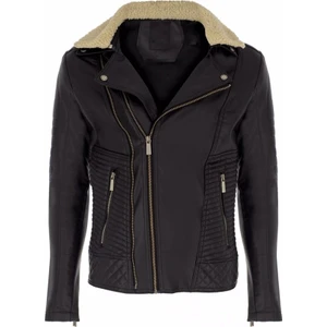 North Fashion NorthFashion Erkek Siyah Kuzey Yaka Kürklü Iç Cepli Slim Fit Deri Ceket Mont
