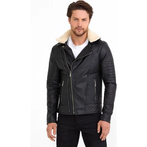 North Fashion NorthFashion Erkek Siyah Iç Cepli Kuzey Yaka Kürklü Slim Fit Deri Ceket Mont