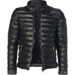 NorthFashion Erkek Siyah Slim Fit Içi Kürklü Iç Cepli Su Geçirmez Şişme Deri Ceket & Mont