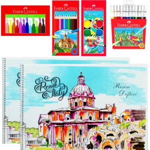 Faber Castell Kuru Sulu Keçeli Pastel 12 Renk Boya ve 25X35 Spiralli 2 Adet Defter Seti