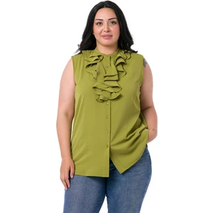 Disentis Modest Büyük Beden Yakası Iki Kat Volanlı Düğmeli Kolsuz Fıstık Yeşili Gömlek