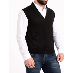 Fresh Moda Erkek Siyah Ince Yün Triko Cepli Örgü Yelek