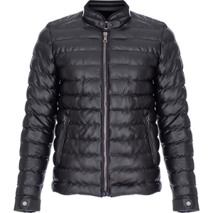 NorthFashion Erkek Siyah Slim Fit Içi Kürklü Su Geçirmez Iç Cepli Şişme Deri Ceket & Mont