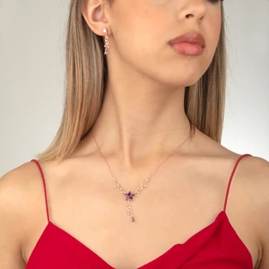 Miavi Silver 925 Ayar Gümüş Ametist Nergis Çiçeği Sarmaşık Kolye Küpe Takı Seti