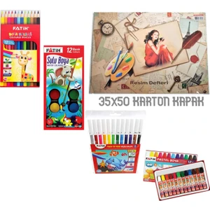 4 Lü Okul Boyama Seti 35X50 Resim Defteri Seti 12'li Kuru Sulu Keçeli Pastel