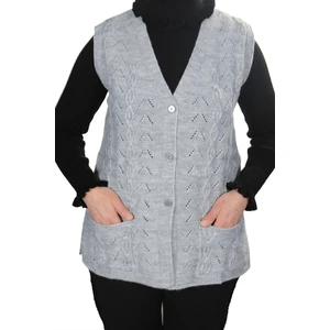 Fresh Moda Kadın Açık Gri  V Yaka Zincir Örgü Yün Triko Anne Yelek