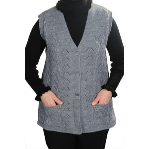 Fresh Moda Kadın Gri V Yaka Zincir Örgü Yün Triko  Anne Yelek