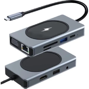 9in1 USB Type-C Hub Port Adaptör 4K HDMI USB Ethernet Pd Girişli 15W Kablosuz Şarj